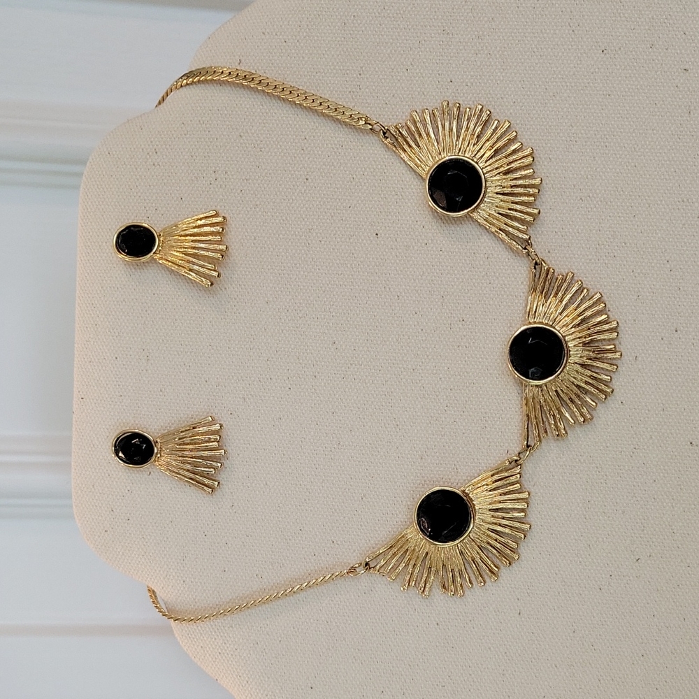 3 pc Necklace Set Gold with Black Stones
